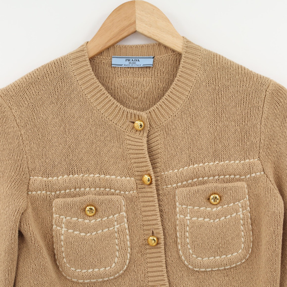Prada Women's Cotton Cardigan Bold Button Accent Long Sleeve Beige Khaki Sz XS - Picture 4 of 11